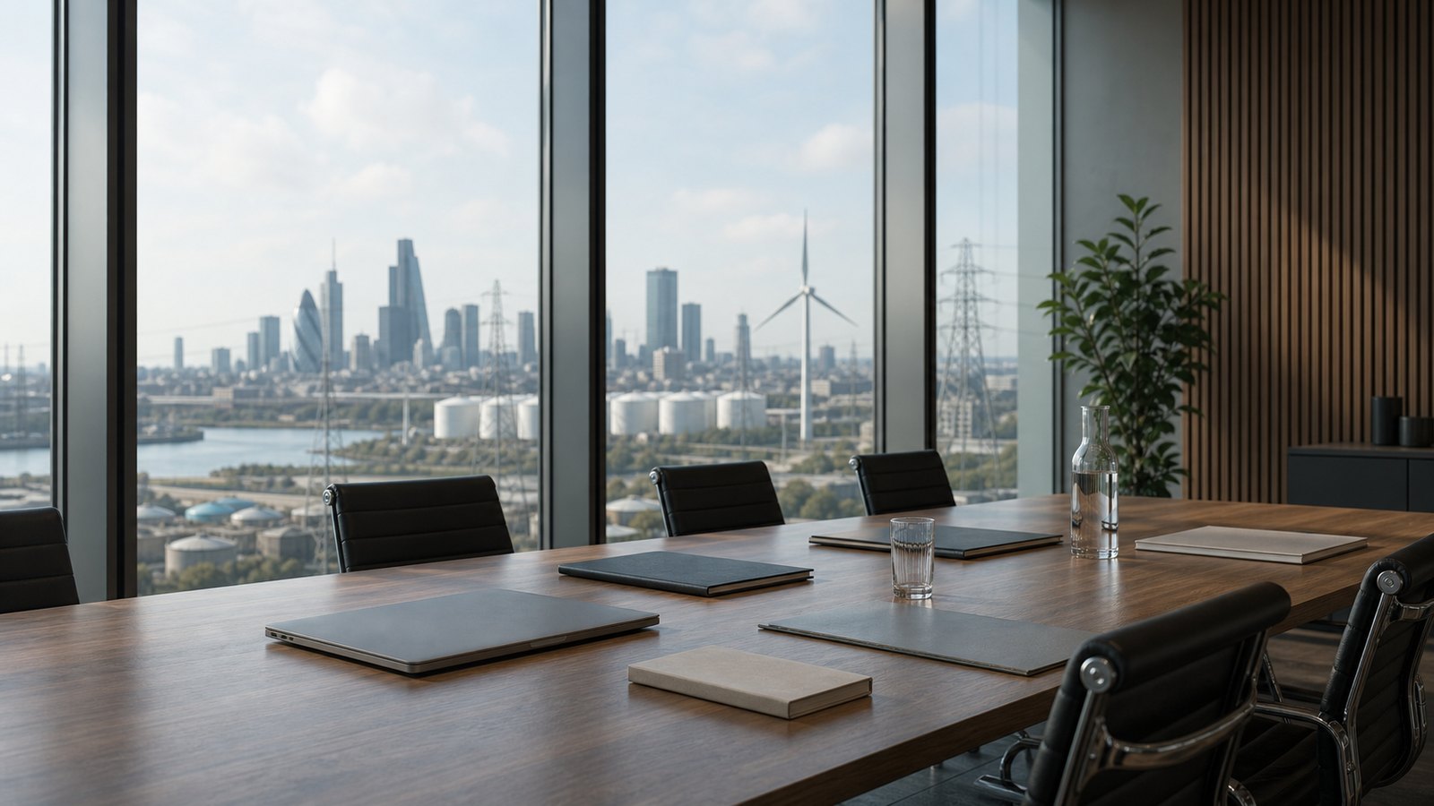 Modern advisory boardroom overlooking London energy infrastructure